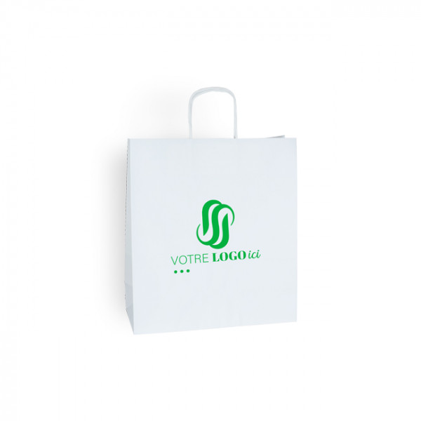 Bolsa de mano personalizada en papel blanco 24 + 11 x 32 cm - Asas trenzadas - Impresión en 1 color o cuatricromía