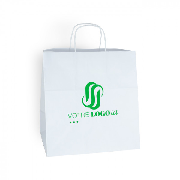 Bolsa de la compra personalizada en papel blanco 31 + 20 x 32 cm - Asas trenzadas - Impresión en 1 color o cuatricromía