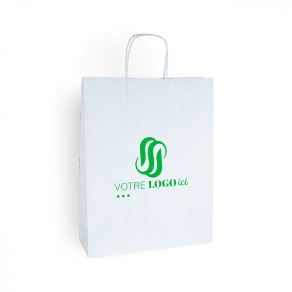 Bolsa de mano personalizada en papel blanco 32 + 11 x 42 cm - Asas trenzadas - Impresión en 1 color o cuatricromía