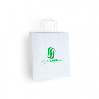 Bolsa de mano personalizada en papel blanco 27 + 16 x 31 cm - Asas trenzadas - Impresión en 1 color o cuatricromía