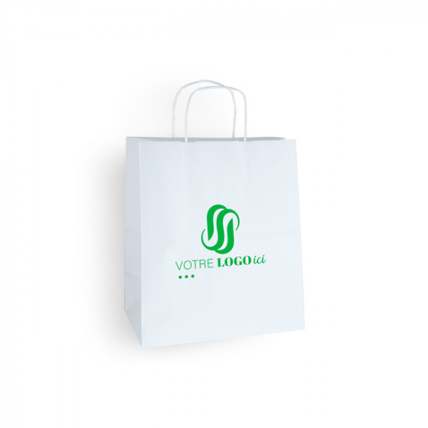 Bolsa de mano personalizada en papel blanco 27 + 16 x 31 cm - Asas trenzadas - Impresión en 1 color o cuatricromía