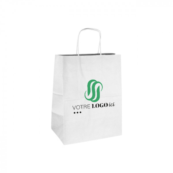 Bolsa de la compra personalizada de papel blanco 26 + 20 x 30 cm - Asas retorcidas - Impresión en hasta 3 colores