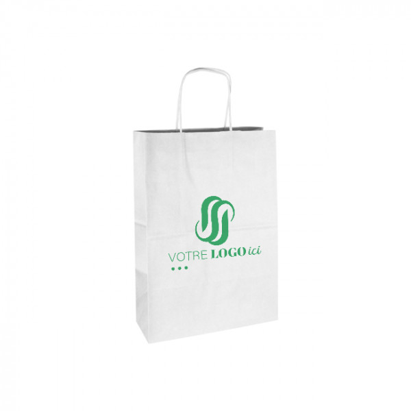 Bolsa de la compra personalizada de papel blanco 26 + 10 x 35 cm - Asas retorcidas - Impresión en hasta 3 colores