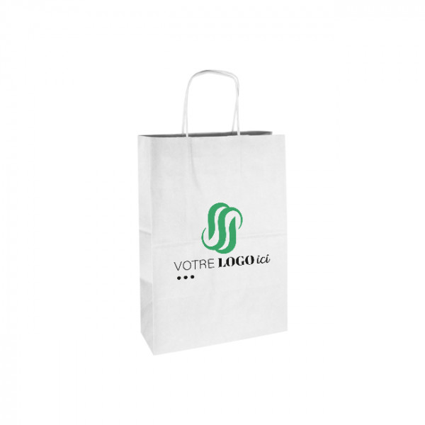 Bolsa de la compra personalizada de papel blanco 26 + 10 x 35 cm - Asas retorcidas - Impresión en hasta 3 colores