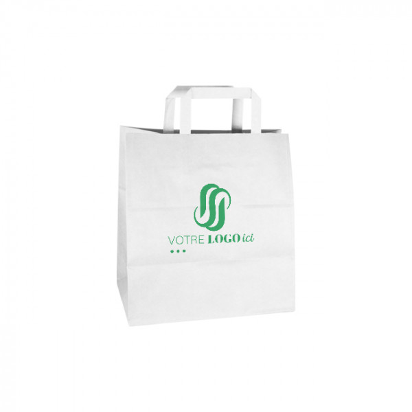 Bolsa de la compra personalizada de papel blanco 32 + 22 x 29 cm - Asas planas - Impresión en hasta 3 colores