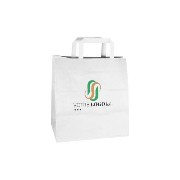 Bolsa de la compra personalizada de papel blanco 32 + 22 x 29 cm - Asas planas - Impresión en hasta 3 colores