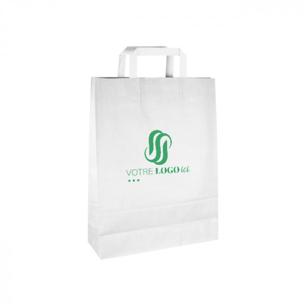 Bolsa de la compra personalizada de papel blanco 32 + 12 x 41 cm - Asas planas - Impresión hasta 3 colores