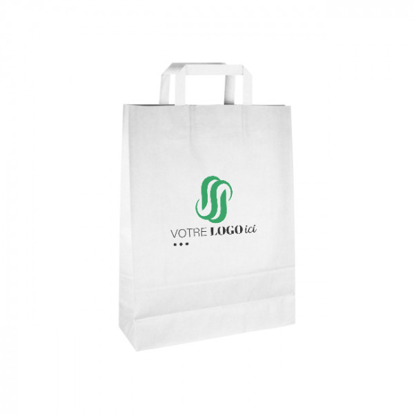 Bolsa de la compra personalizada de papel blanco 32 + 12 x 41 cm - Asas planas - Impresión hasta 3 colores