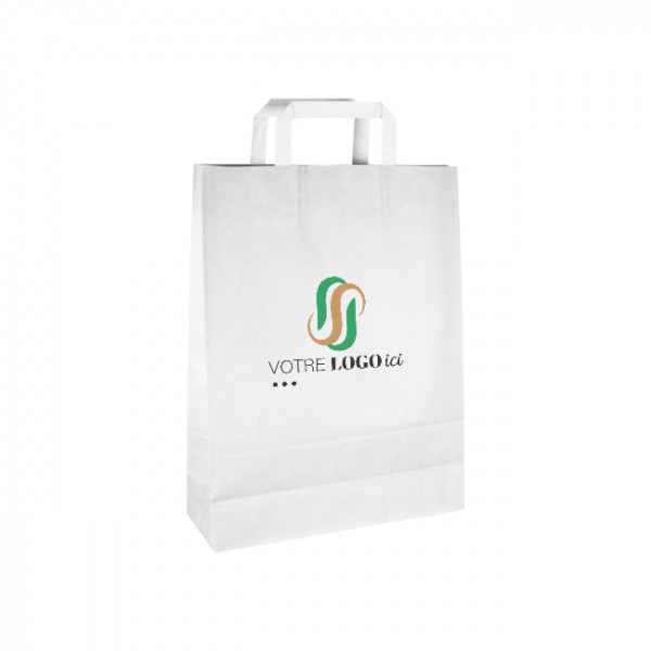 Bolsa de la compra personalizada de papel blanco 32 + 12 x 41 cm - Asas planas - Impresión hasta 3 colores