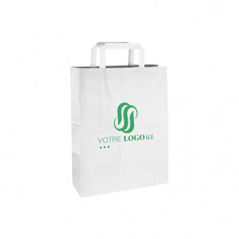 Bolsa de la compra personalizada de papel blanco 26 + 20 x 28 cm - Asas planas - Impresión en hasta 3 colores