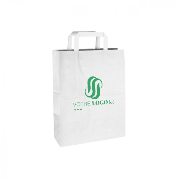 Bolsa de la compra personalizada de papel blanco 26 + 10 x 35 cm - Asas planas - Impresión hasta en 3 colores