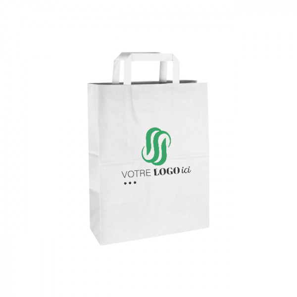 Bolsa de la compra personalizada de papel blanco 26 + 10 x 35 cm - Asas planas - Impresa hasta en 3 colores