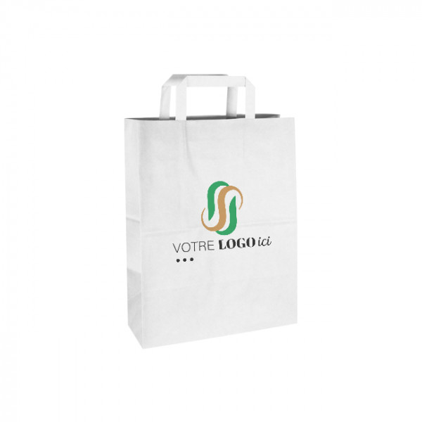 Bolsa de la compra personalizada de papel blanco 26 + 10 x 35 cm - Asas planas - Impresión hasta en 3 colores