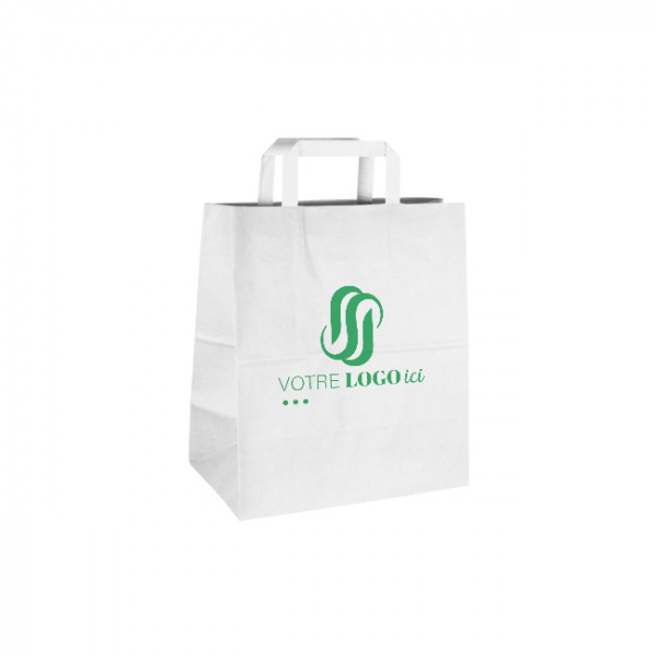 Bolsa de la compra personalizada de papel blanco 26 + 20 x 30 cm - Asas planas - Impresión en hasta 3 colores
