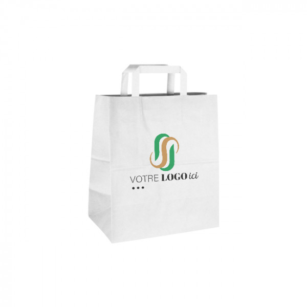 Bolsa de la compra personalizada de papel blanco 26 + 20 x 30 cm - Asas planas - Impresión en hasta 3 colores