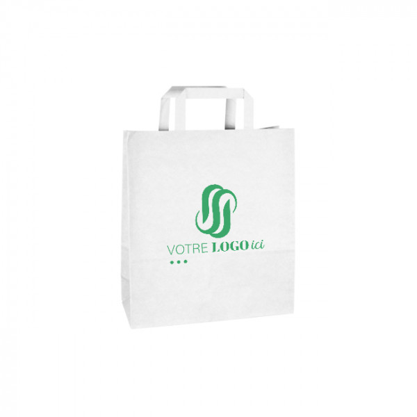 Bolsa de papel blanca personalizada 24 + 10 x 32 cm - Asas planas - Impresión hasta 3 colores