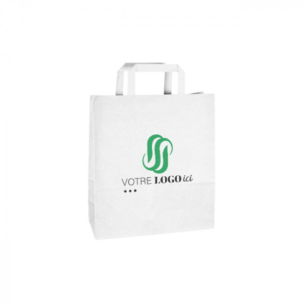 Bolsa de papel blanca personalizada 24 + 10 x 32 cm - Asas planas - Impresión hasta 3 colores