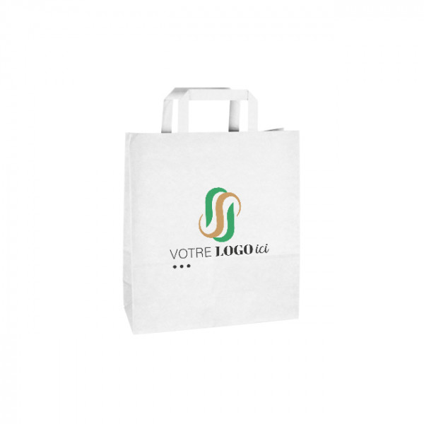 Bolsa de papel blanca personalizada 24 + 10 x 32 cm - Asas planas - Impresión hasta 3 colores
