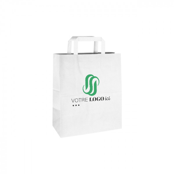 Bolsa de la compra personalizada de papel blanco 26 + 14 x 30 cm - Asas planas - Impresión hasta en 3 colores