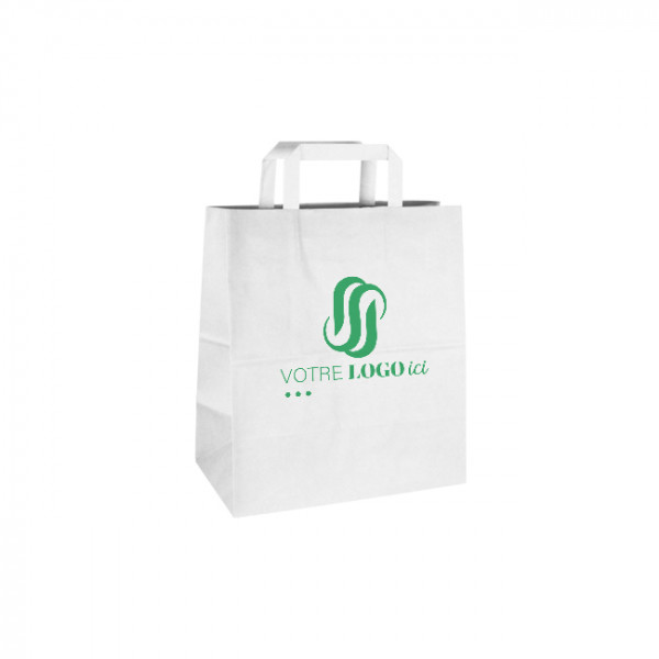 Bolsa de la compra personalizada de papel blanco 26 + 17 x 28 cm - Asas planas - Impresión hasta en 3 colores
