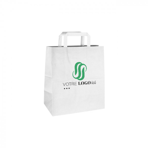 Bolsa de la compra personalizada de papel blanco 26 + 17 x 28 cm - Asas planas - Impresión hasta en 3 colores
