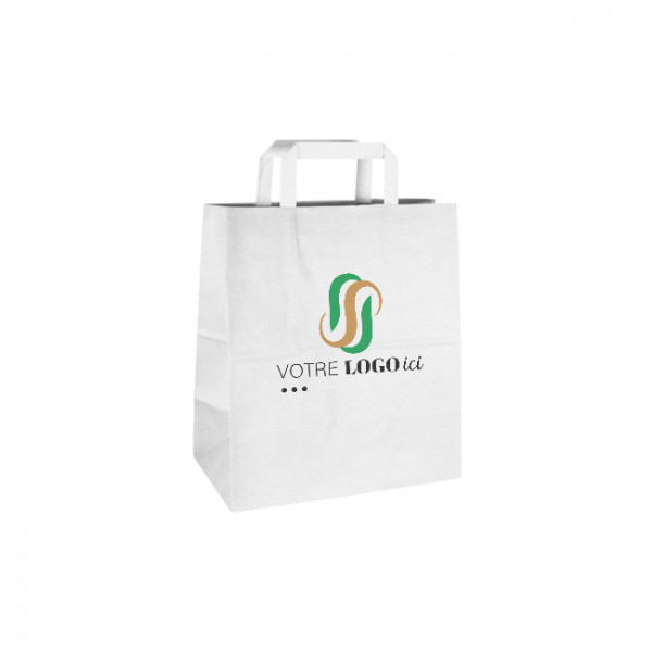 Bolsa de la compra personalizada de papel blanco 26 + 17 x 28 cm - Asas planas - Impresa hasta en 3 colores